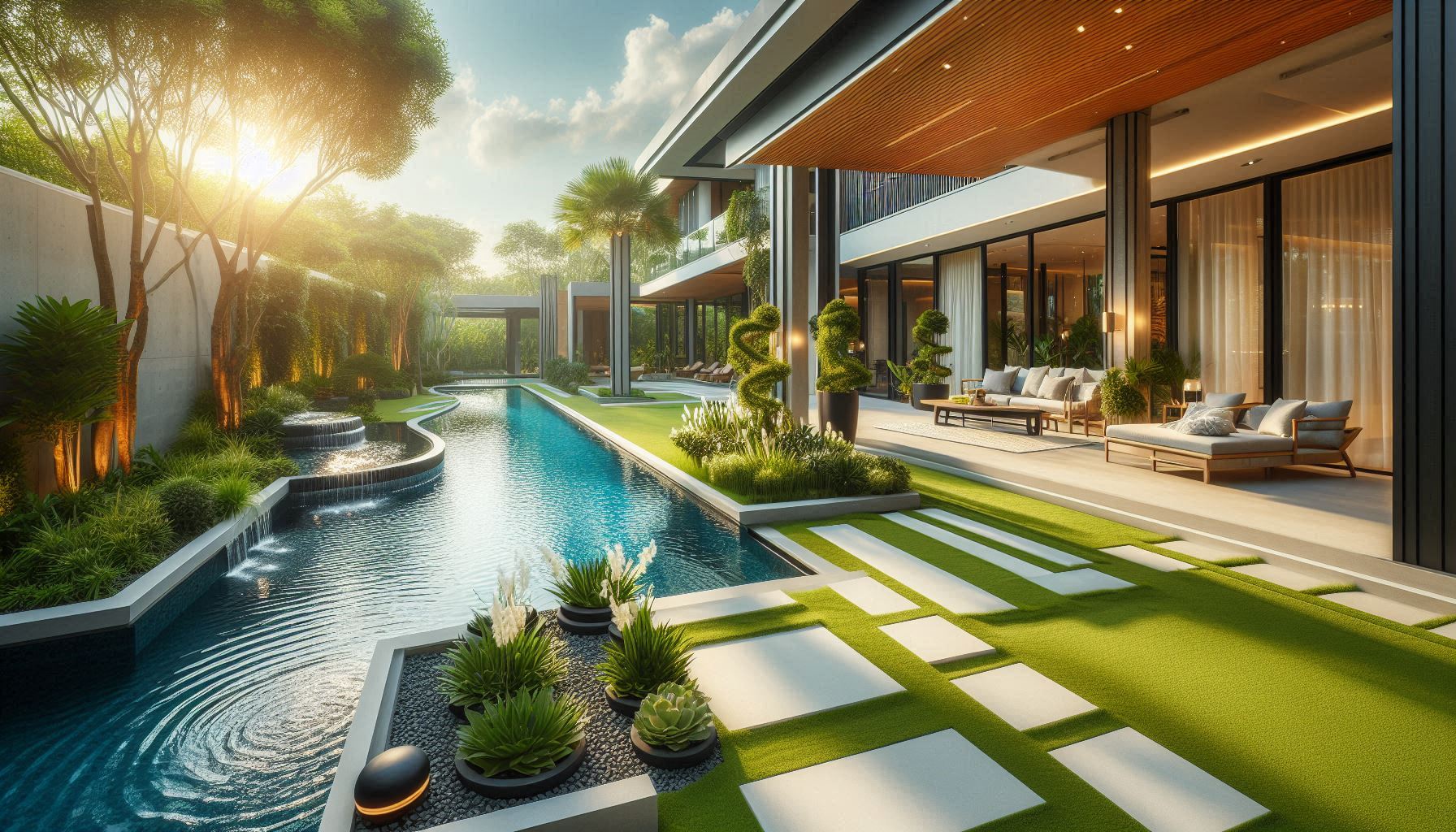 Luxury pool with manicured landscape