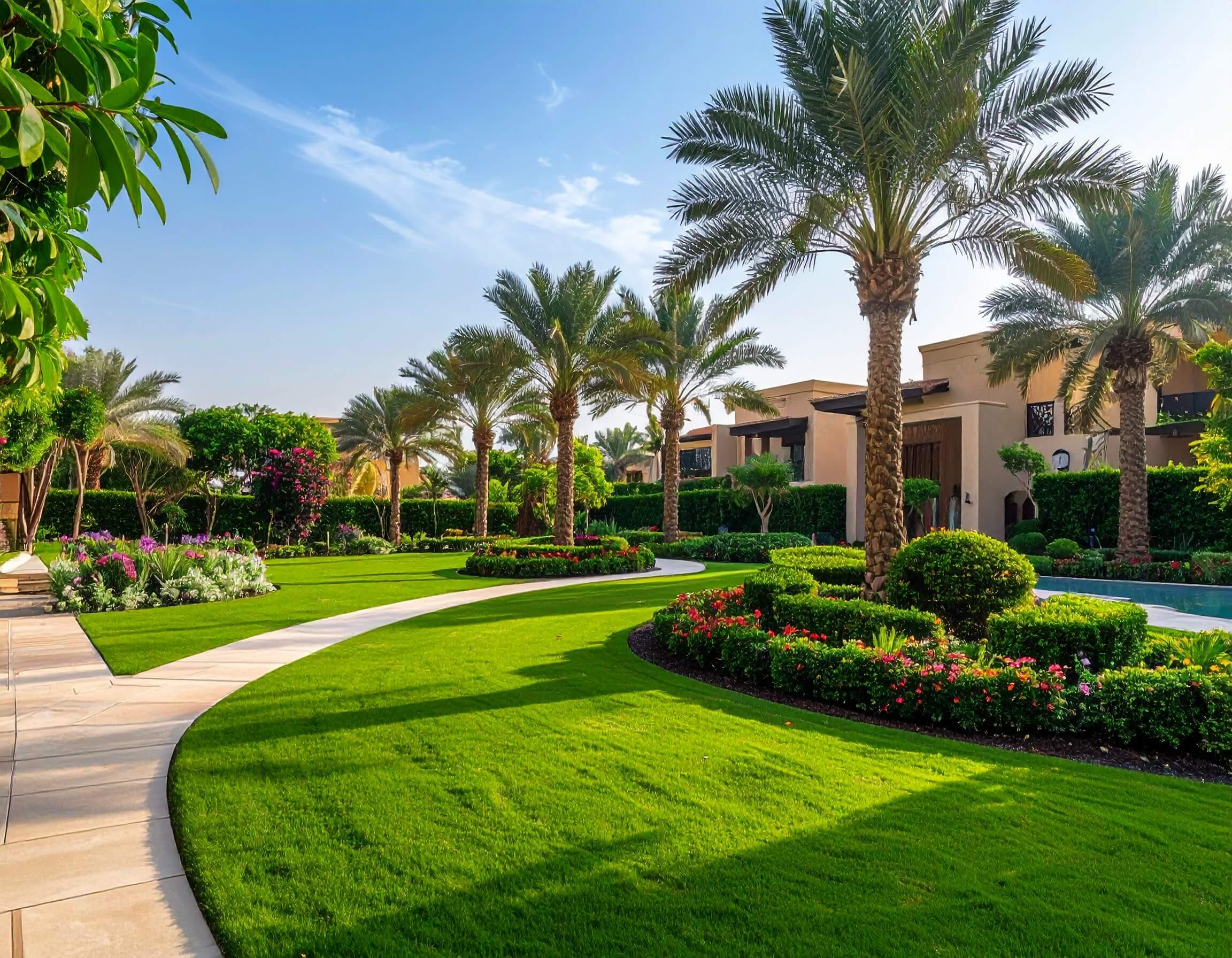 Residential garden in Dubai with fresh lawn and lush planting