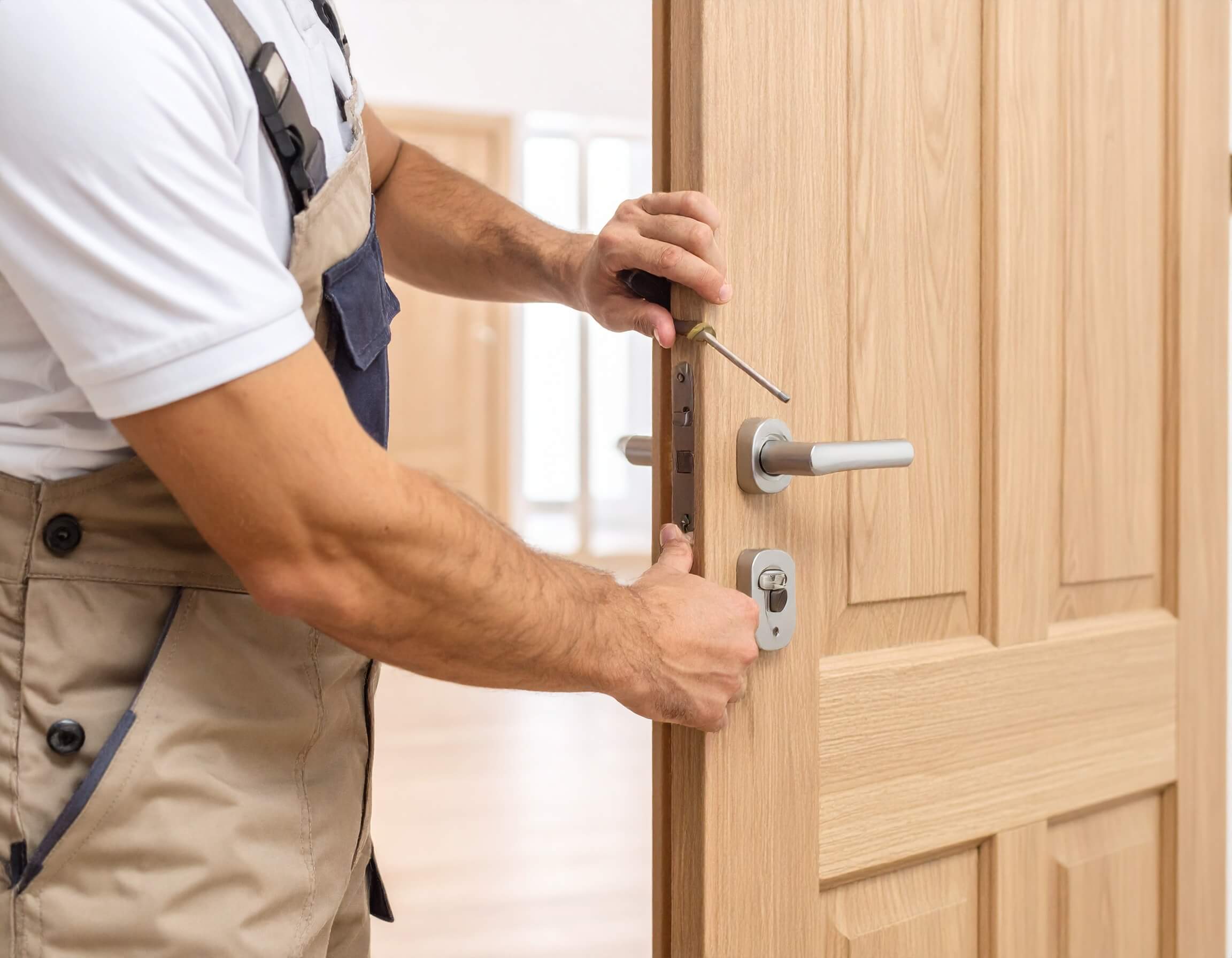 Handyman fixing door hinge and installing a new lock