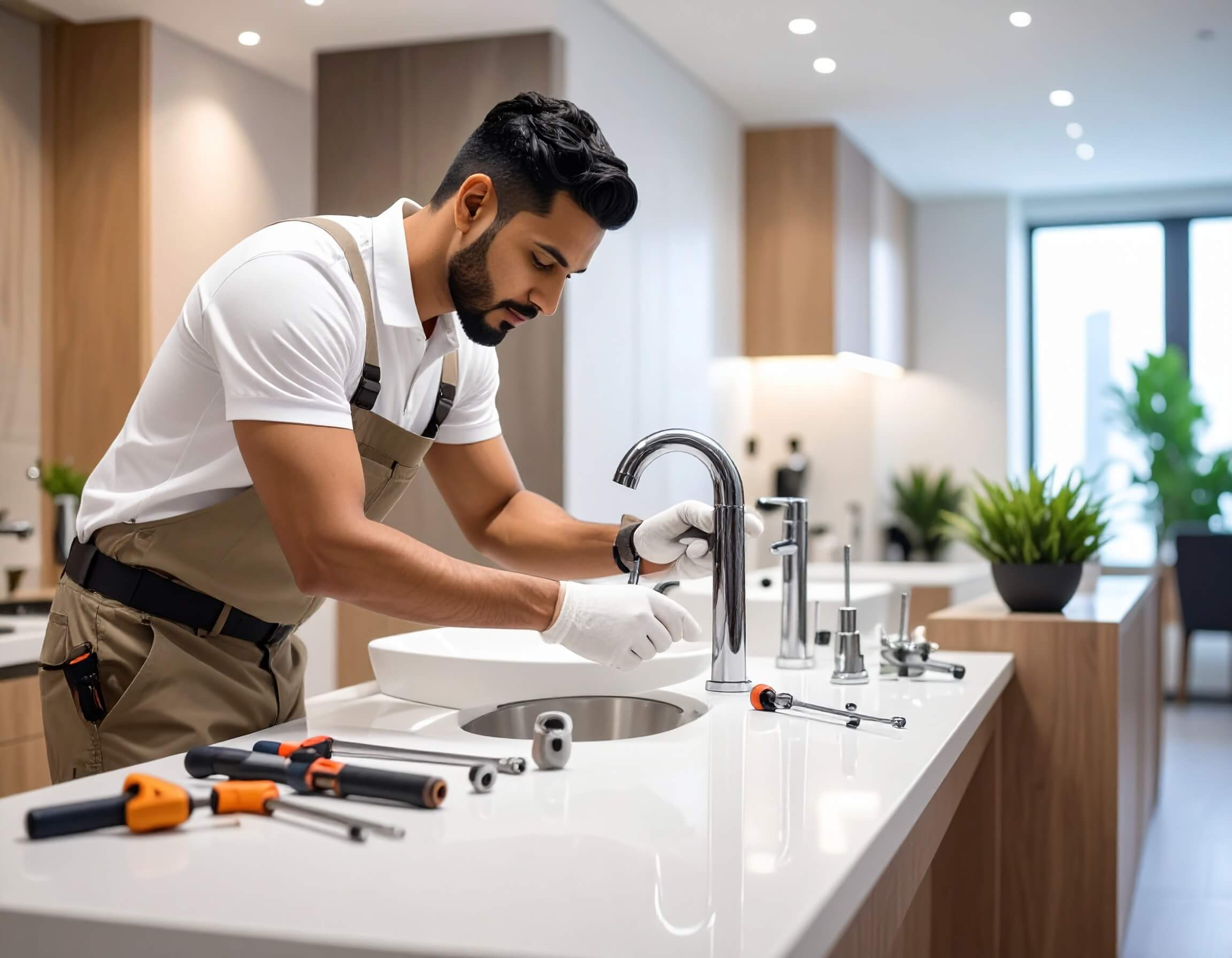 Professional fixing a leaking tap