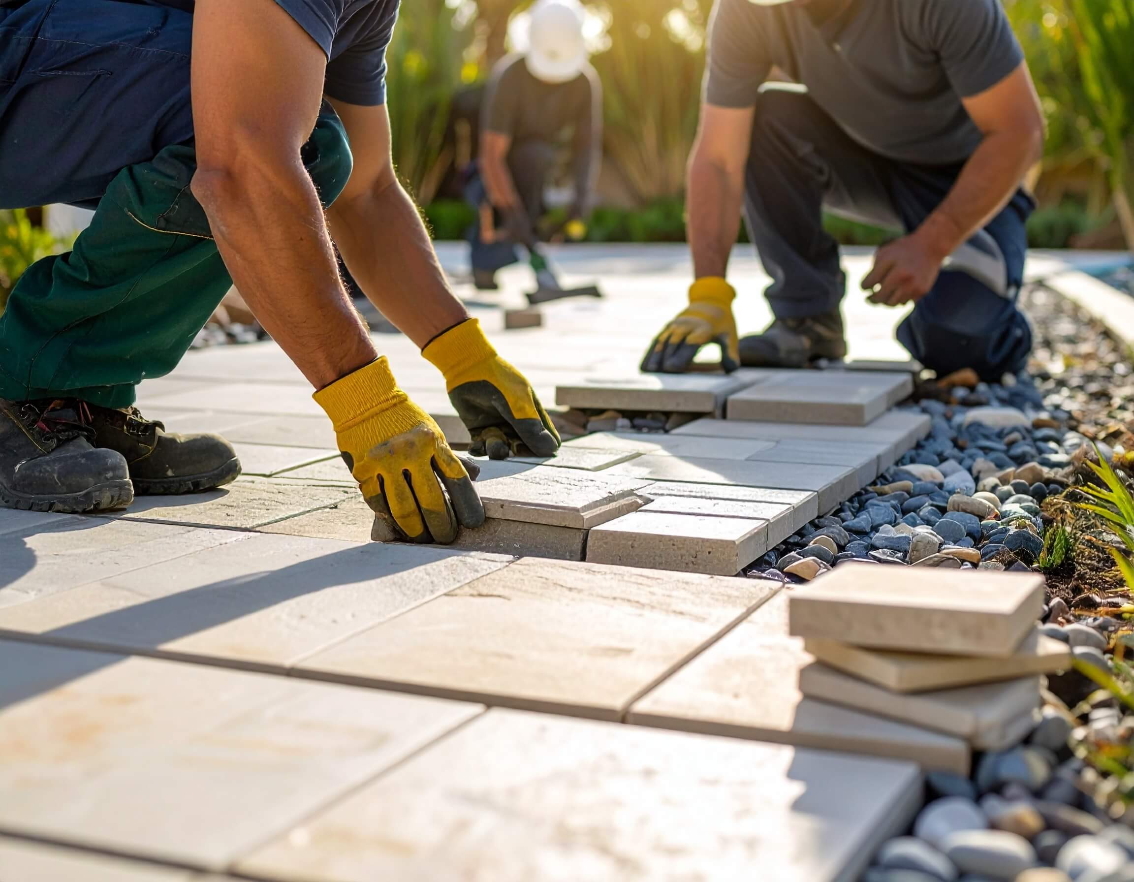 Masonry team laying stone paths at a villa