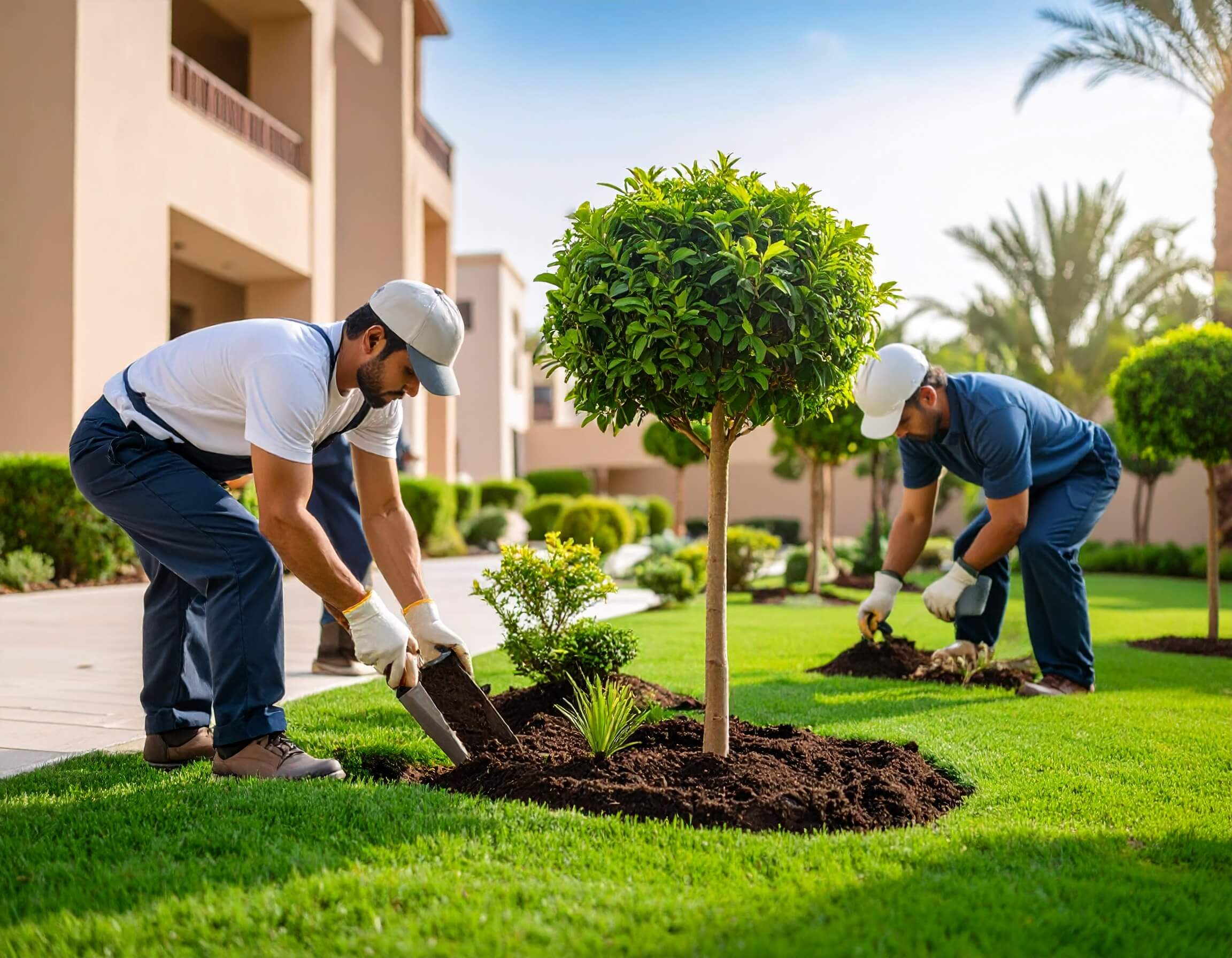 Crew planting shrubs and small trees in a Dubai backyard