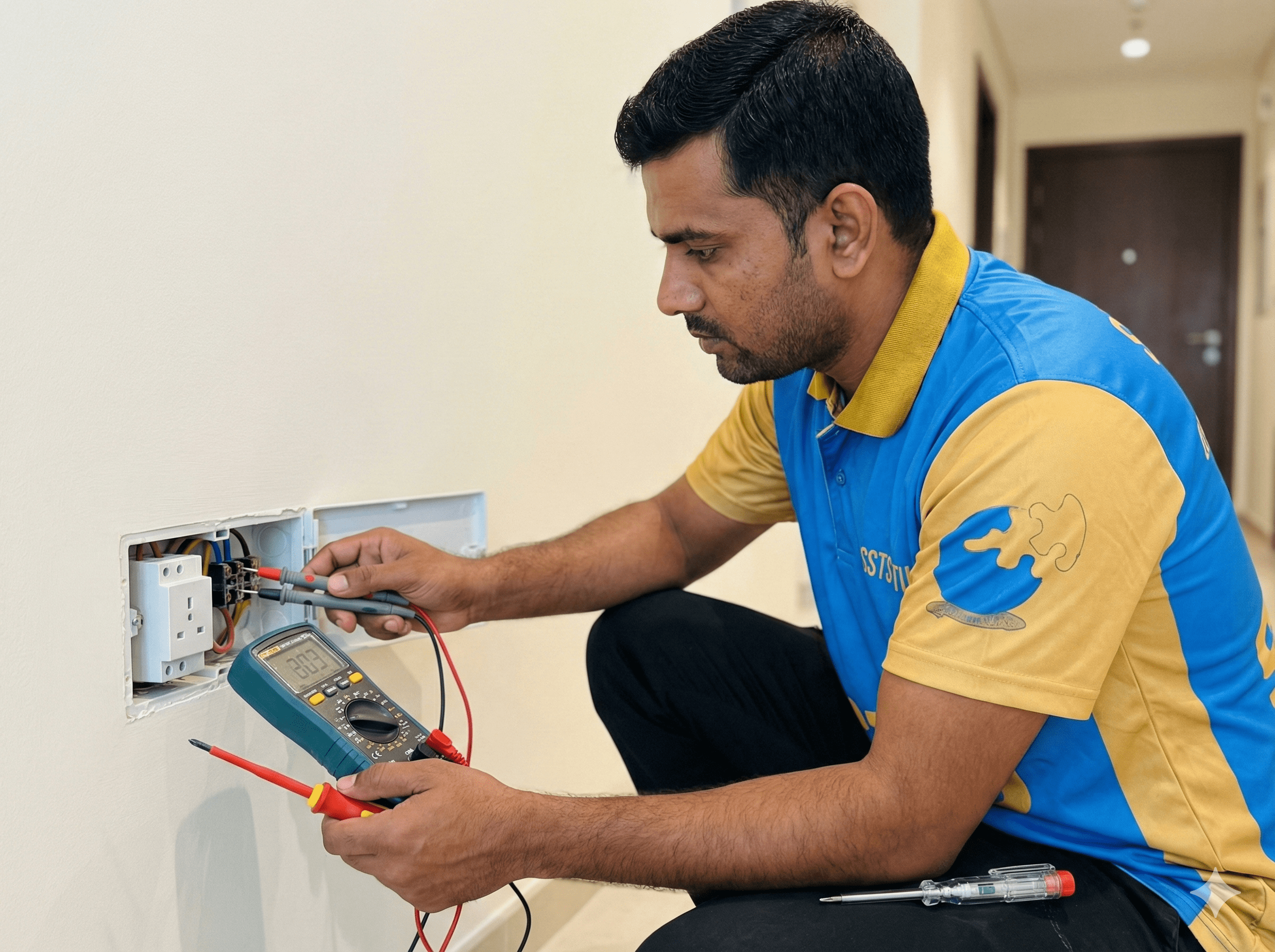 Electrician wiring LED panel in Dubai