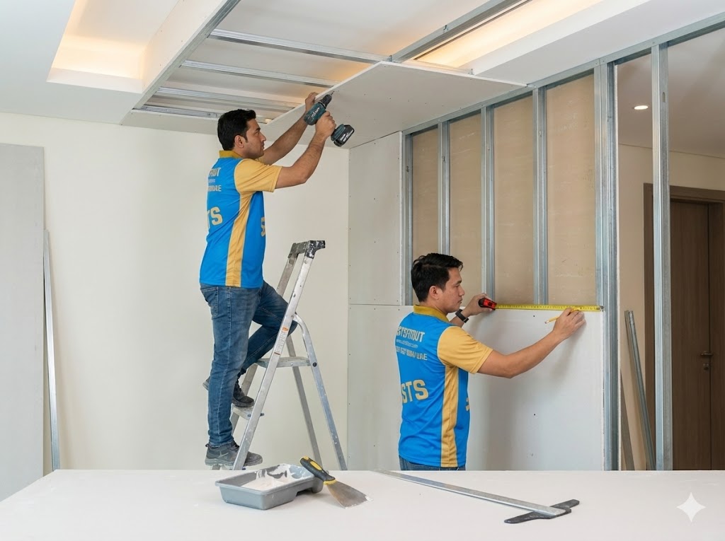 SSTS Fitout Technicians installing Gypsum Ceiling and Partitions in Dubai