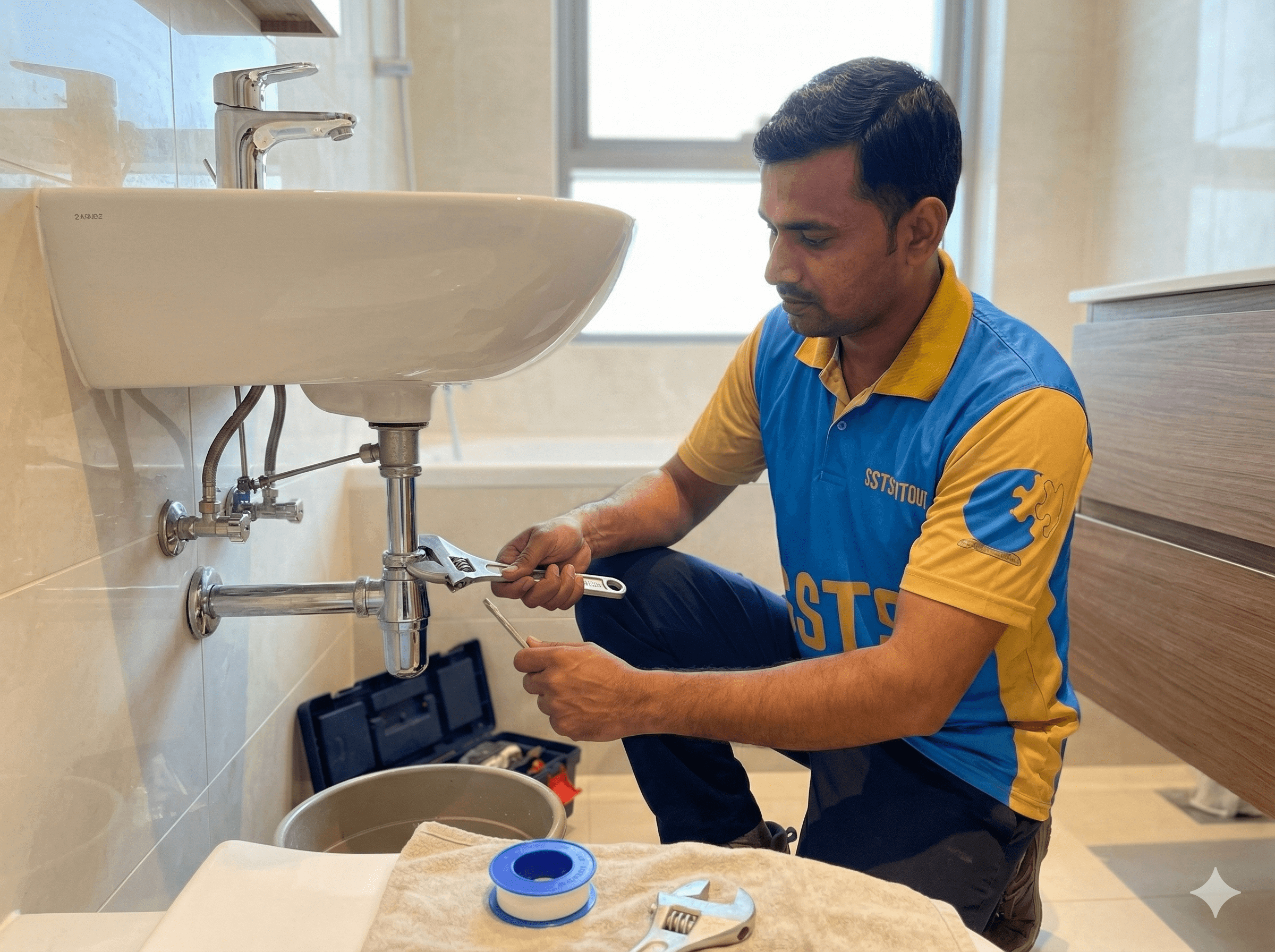 Plumber repairing leak in Dubai home