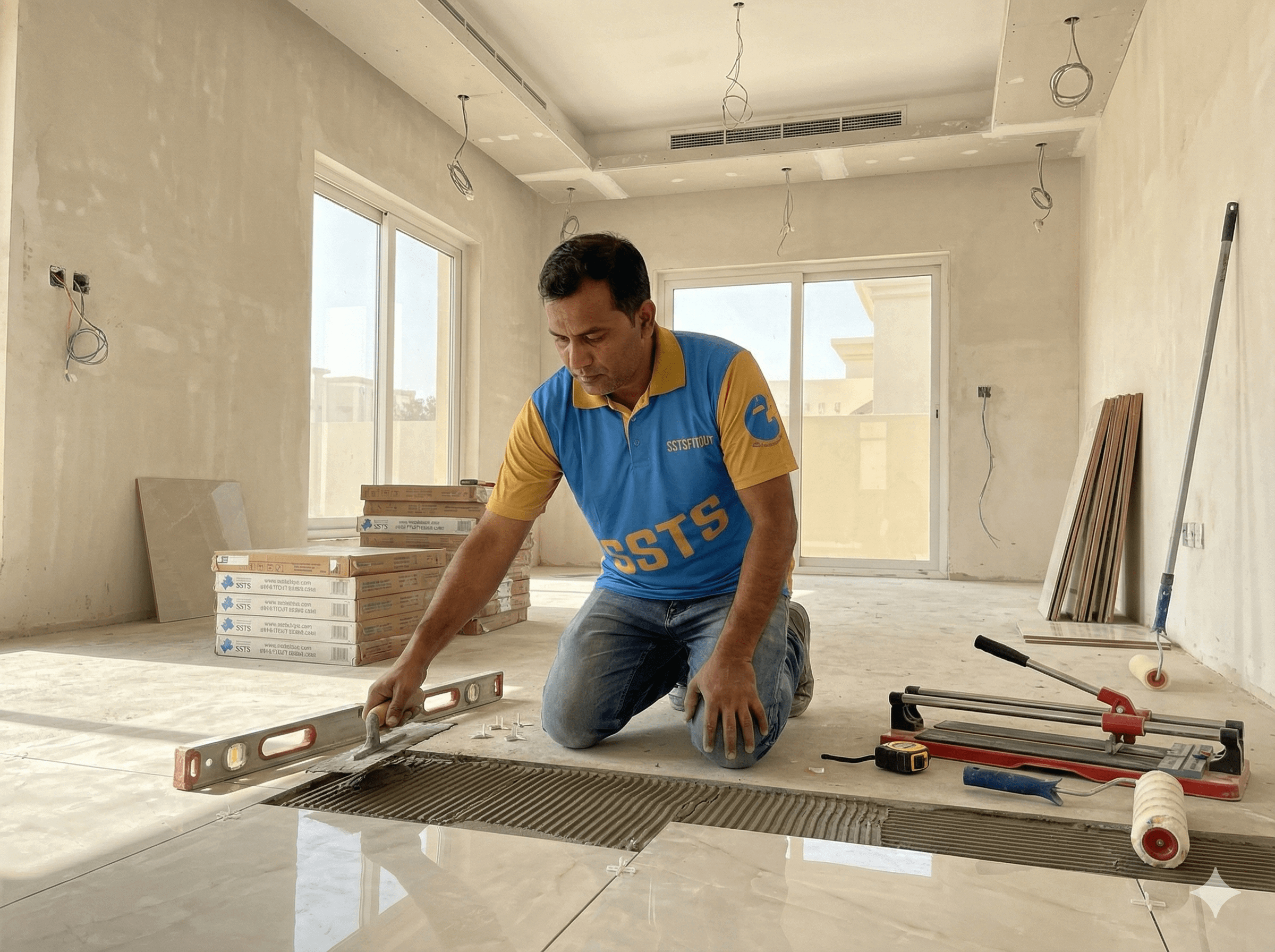 A beautifully renovated luxury villa interior in Dubai, showcasing modern design and lighting.