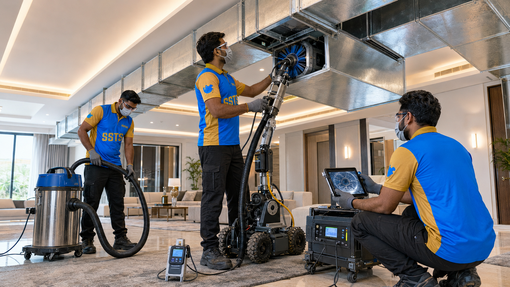 AC Duct Cleaning Services in Dubai | SSTS Fitout Professional AC duct cleaning Dubai — robotic HEPA cleaning by SSTS Fitout