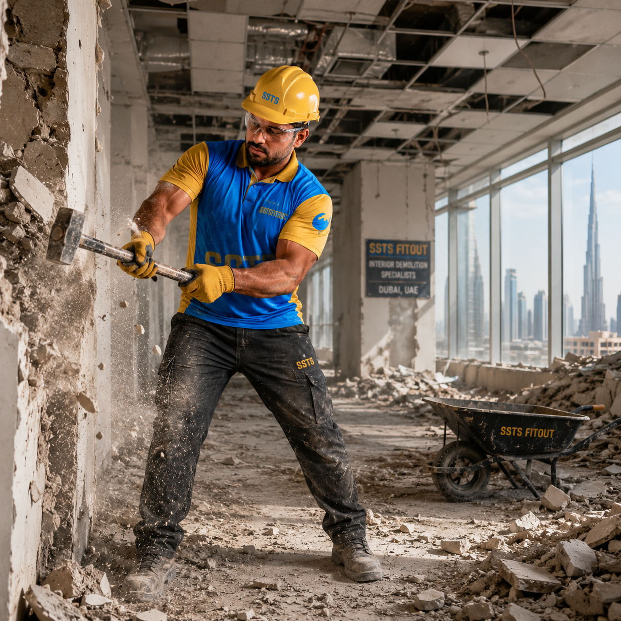 Professional demolition crew at work in Dubai interior