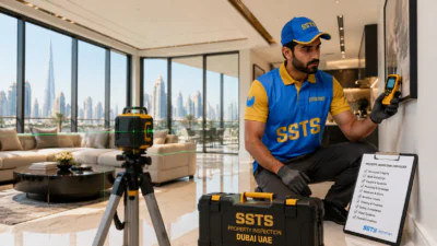 Certified property inspector in Dubai wearing SSTS Fitout uniform conducting professional inspection in a modern apartment