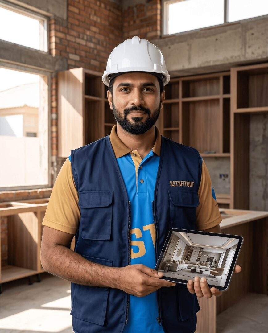 About us | SSTS Fitout SSTS Fitout project manager overseeing a luxury villa renovation site in Dubai